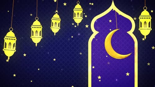 Ramadan Eid Celebration Background with Glowing Lanterns and Crescent Moon