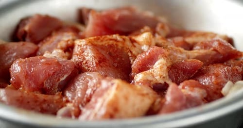 The Marinated Raw Pork Kebab in the Bowl Slowly Rotates.
