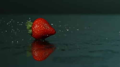 Fresh Strawberry Rotating on a Wet, Glossy Surface