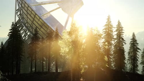 Le radiotélescope de l'Observatoire en forêt au coucher du soleil