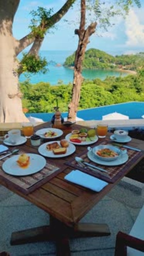 Breakfast on the Beach in Phuket Thailand Luxury Brekafast Fruit Coffee Omelet Pancakes