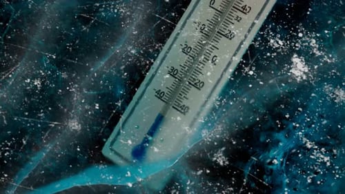 The thermometer trapped in the thick ice.Extremely low temperature.Freezing cold