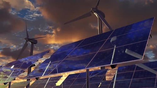 Alternative Energy with Turbine Generator and Solar Panels on Electrical Farm