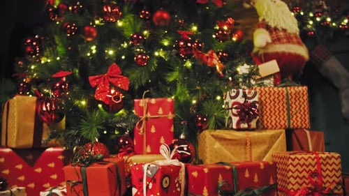 Christmas Tree with Colorful Ornaments and Wrapped Gifts