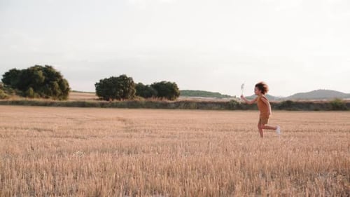 Slowmo rastreando tiro de menino com brinquedo de moinho de vento correndo sobre o campo de trigo colhido ao pôr do sol