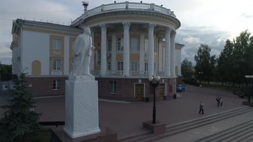 Aerial view of beautiful house of culture and Lenin monument. Summer, evening 22