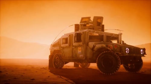 Military Patrol Car on Sunset in Desert Storm