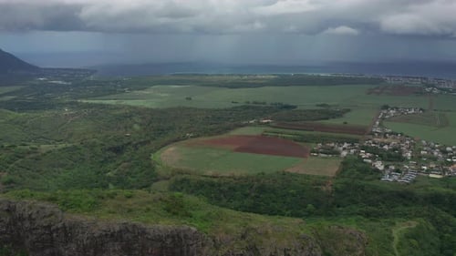 Luftaufnahme über runde Zuckerrohrfelder auf der Insel Mauritius