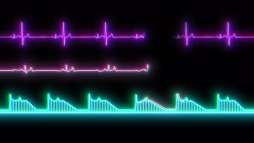 Pulsating Neon Heartbeat and Medical Monitoring Waveforms