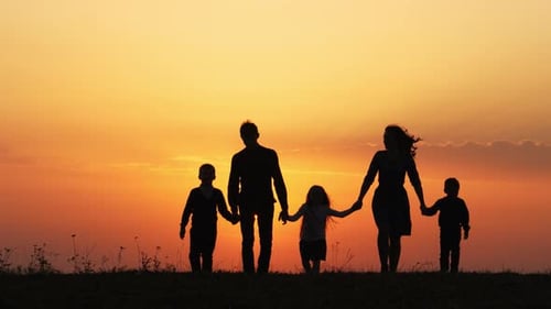 Silhouettes of Happy Family Walking Together in the Meadow During Sunset