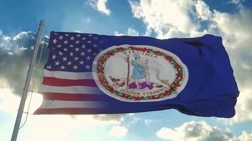Virginia State and USA National Flags Waving Animation