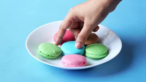 Hand Pick Macaroon on Blue Background with Copy Space
