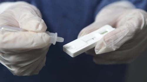 The doctor makes a rapid PCR test for the antigen of the covid-19 virus.