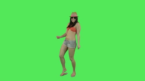 Woman Dancing in Bikini on Green Screen Background