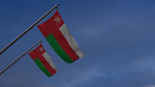 Realistic Waving Oman Flags Against Blue Sky