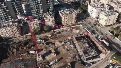 Foundation of modern hotel apartment complex under construction.