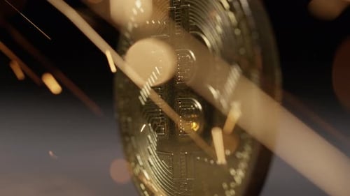 Cryptocurrency on the block chain - close up of bitcoin altcoin physical coins in dynamic setting