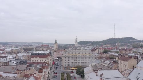 Aerial Drone Footage of European City Lviv Ukraine Flight Above Popular Ancient Part of Old Town