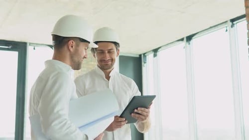Dos ingenieros hablan sobre el trabajo con una tableta en el sitio de construcción