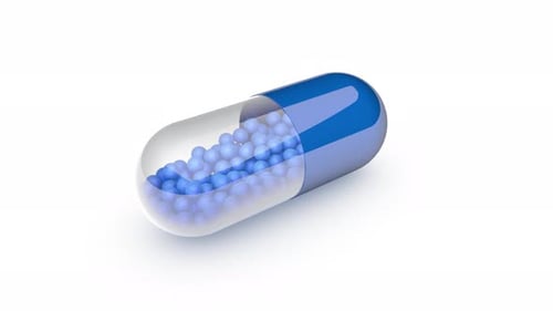 3D Blue Medical Capsule Rotating with Granules Animation