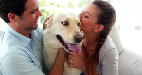 Loving Couple Affectionately Embrace Golden Labrador Indoors