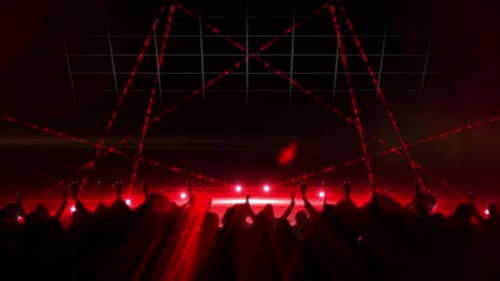 Dynamic Red Laser Lights Show with Silhouetted Party Crowd