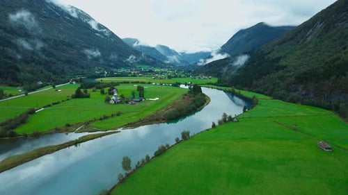 Flying Over Beautiful Norway Lands River Village