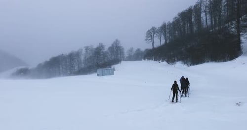 People Snowshoeing Across a Snowy Winter Field