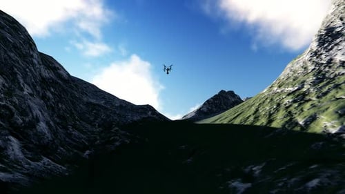 Drone Flying Between the Mountains