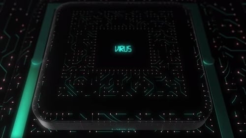 Glowing Circuit Board with Digital Virus Text Reveal