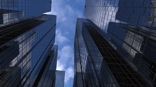 torres de negocios, animación de cámara entre edificios de gran altura con cielo azul reflectante.