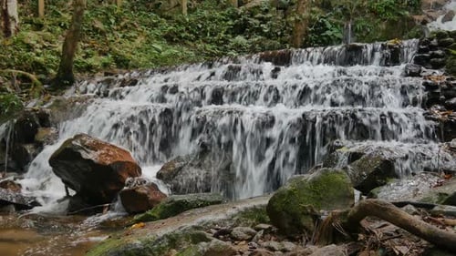 Tropical Waterfall Cascades Through Green Forest