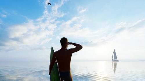 Surfer Man and Blue Ocean Landscape