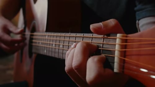 Close Up of Guitarist Playing Acoustic Guitar