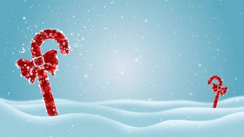 Sparkling Red Glitter Candy Canes in Falling Snow Background