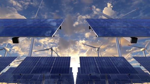 Renewable Energy Landscape with Solar Panels and Wind Turbines