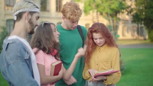 Happy Students Studying Together Outdoors on Campus