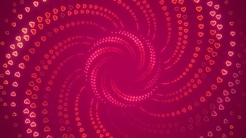 Abstract pink background of flying luminous hearts in a spiral