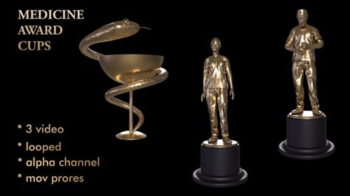 Golden 3D Medical Staff and Symbol Statues Alpha Channel Loop
