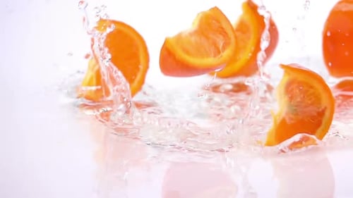 A Several Slices of Orange are Falling on the Table