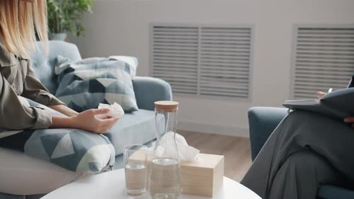 Closeup of Female Hands Gesturing and Wiping Tears While Woman Sharing Problems with Psychologist