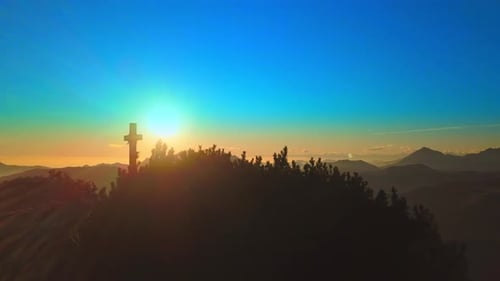 Cross Of A Mountain Passing Drone The Sunset