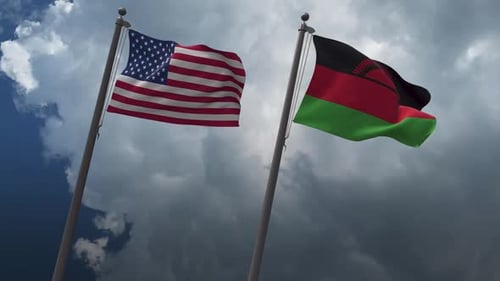USA and Malawi National Flags Waving on Cloudy Sky