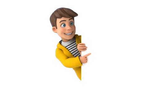 3D Animated Boy Peeking and Pointing Behind a White Panel