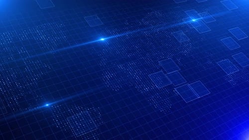 Digital World Map Grid with Glowing Tech Elements Background