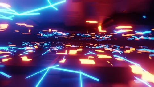 Abstract Futuristic Tunnel with Neon Glowing Lines and Geometric Shapes