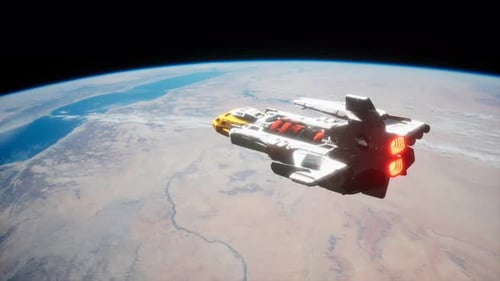 Futuristic Spaceship Flying Above Planet Earth