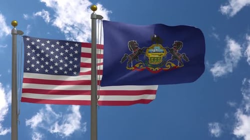 Waving American and Pennsylvania State Flags with Blue Sky Background