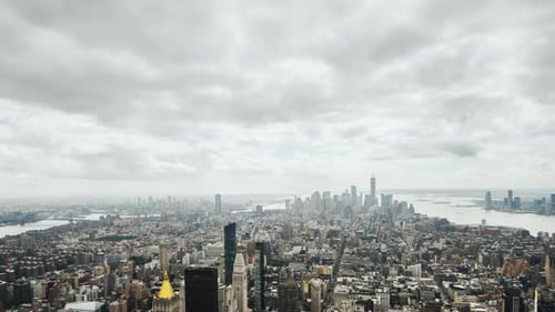 Top View of Business District of Manhattan, Panoramic Video with a Turn