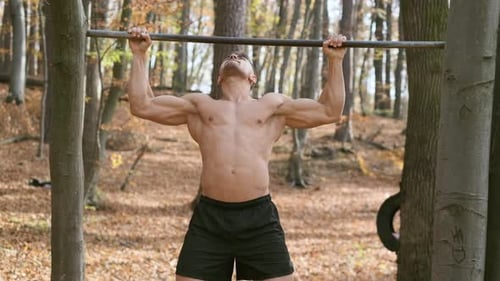 Shirtless Man Doing Pull-Ups in an Autumn Forest